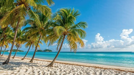 Obraz premium Sun-drenched coast with swaying palms and vibrant turquoise ocean waves