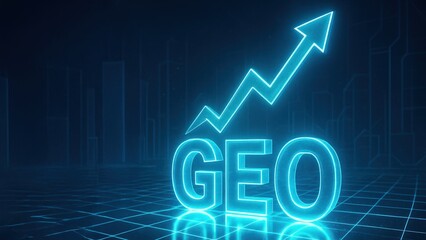 Glowing 3D letters GEO on a neon cyber grid with sharp light arrow rising, symbolizing growth, digital depth, and innovation in AI Strategy and Search Intelligence