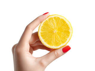 A hand, adorned with perfectly polished red nails, delicately holds a vibrant, juicy lemon slice, presenting the essence of freshness.