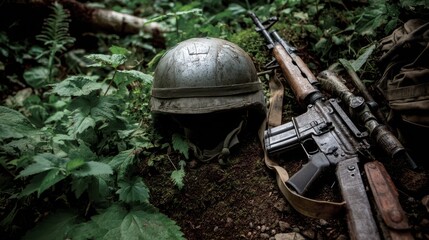 Helmet and Rifle Lying on Ground Surrounded by Greenery