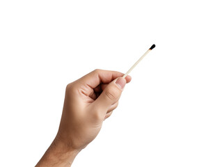 A close-up shot of a hand delicately holding a single, unlit matchstick
