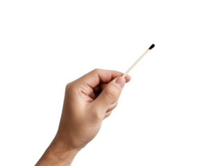 A close-up shot of a hand delicately holding a single, unlit matchstick