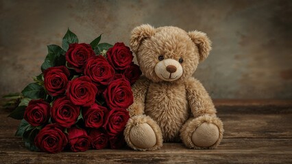 Obraz premium Plush teddy clutching romantic red roses