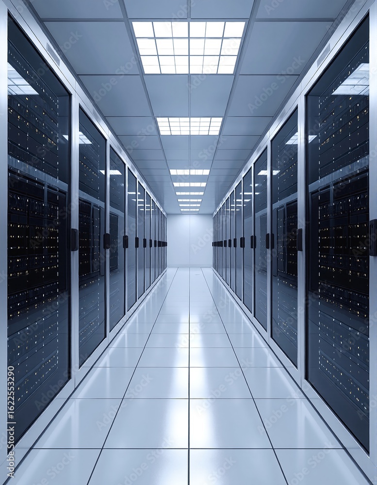 Poster a sleek row of high-performance servers lined up in a modern server room, illuminated by soft blue l