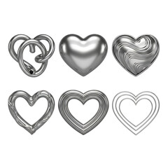 Six distinct silver heart designs showcasing intricate details and varied textures against a stark black background