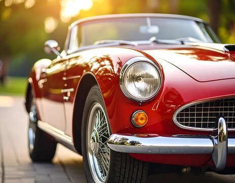 Scarlet vintage convertible bathed in golden light radiates timeless elegance and sophistication
