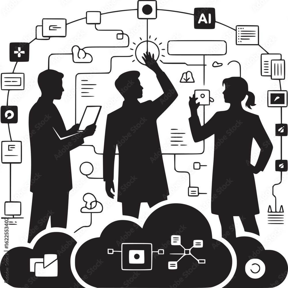 Aufkleber three silhouettes interact with ai cloud network interface in a minimalist black and white design