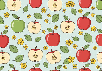 Cartoon Apple and Flower Seamless Pattern Background
