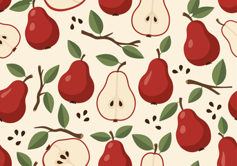 Red Pear Fruit Seamless Pattern Vector Background