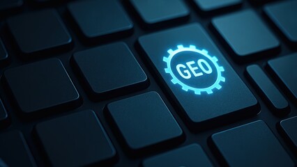 Close up of keyboard with glowing GEO gear key lit by blue light, symbolizing digital performance, Search Intelligence, and AI Strategy precision