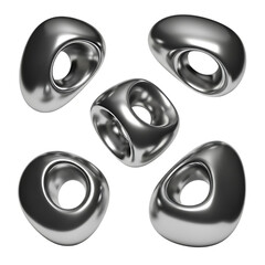 Abstract sculptural forms with polished metallic surfaces and open centers on a black background