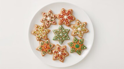 Top view of sweet star-shaped cookies with festive icing on a white backdrop
