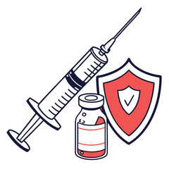 Flat illustration of syringe and vaccine vial with shield icon generated by ai