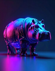 A vibrant, futuristic depiction of a hippo, illuminated with neon colors against a dark background, showcasing a blend of realism and digital art.