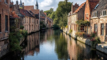 Fototapeta premium Scenic European Canal Surrounded by Historic Brick Buildings