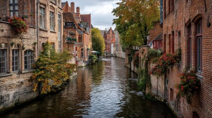 Fototapeta premium Historic European Canal with Old Brick Buildings and Lush Greenery
