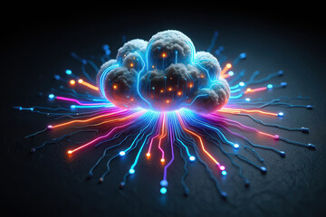 Abstract 3d visualization of cloud computing with glowing neon connections, representing data and network technology