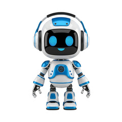 Adorable blue and white robot with glowing eyes and headphones stands against a stark black background