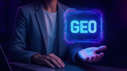person at sleek laptop holds palm up to holographic GEO interface with neon light, symbolizing virtual workspace and Search Intelligence with AI Strategy