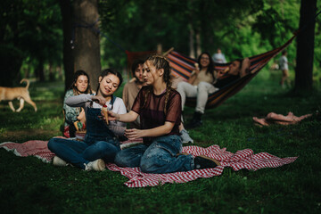 A lively group of friends relax and connect in a park setting. They enjoy picnics, conversations,...
