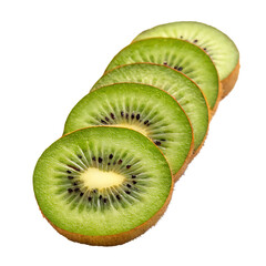 Sliced kiwi fruit in a row on black backdrop green