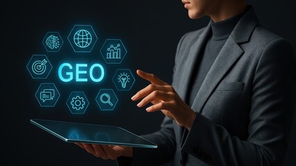 Standing man gestures over tablet with glowing GEO icons in dark background, representing digital growth, AI Strategy, and Search Intelligence tools