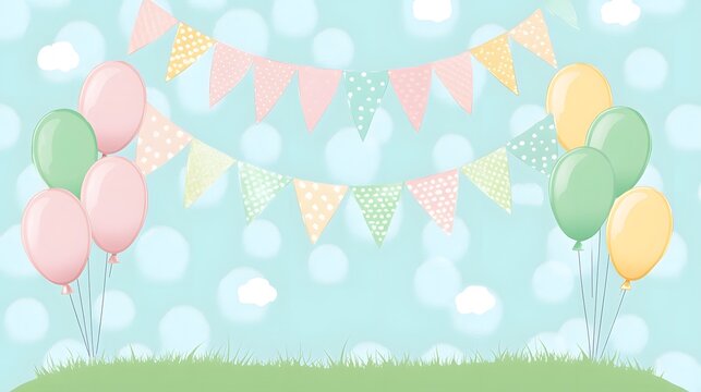 Pastel Balloons Party Bunting Grass Background - Powered by Adobe