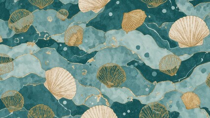 Watercolor seashell pattern with stylized ocean waves creating a marine texture. Suitable for wallpaper, fabric, and wrapping designs.