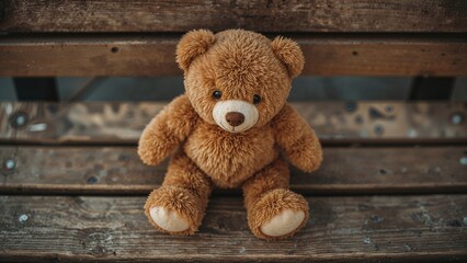 Obraz premium Teddy bear positioned on a wooden bench, close perspective