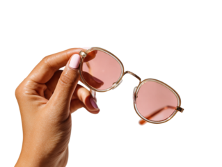A hand delicately holds stylish sunglasses with pink lenses