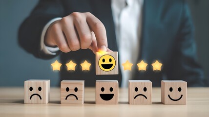 customer services best excellent business rating experience. Satisfaction survey concept. Hand of a businessman chooses a smile face on wood block circle. 5 Star Satisfaction