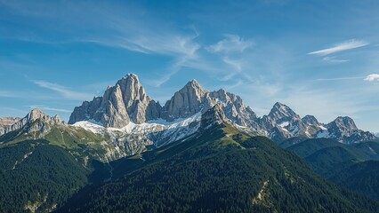 Fototapeta premium Towering summits reach up to the vivid blue heavens, displaying craggy surfaces and frosted crests.