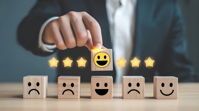 customer services best excellent business rating experience. Satisfaction survey concept. Hand of a businessman chooses a smile face on wood block circle. 5 Star Satisfaction