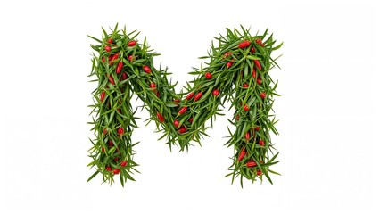 Initial styled with lush rosemary stems. Yummy condiment. Pure product. Spicy cooking addition. Graphic representation of the letter M.