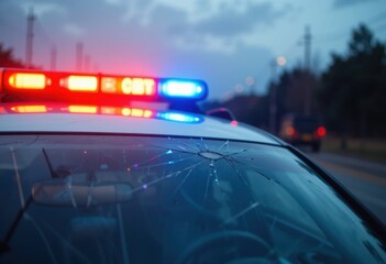 La barra de luz de la sirena de la policía parpadea intensamente a través del parabrisas agrietado durante una persecución a alta velocidad