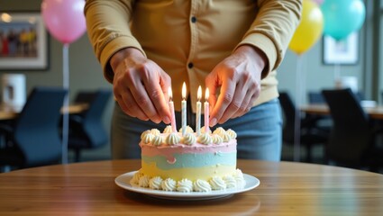 Manos colocando velas en un pastel de cumpleaños colorido en la sala de descanso de la oficina, globos de fondo