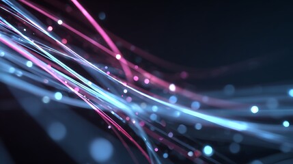 Dynamic glowing lines in 3D with light particles drifting in blue grey and tech pink color scheme