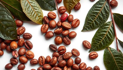 Roasted and red coffee beans with leaves, isolated on white,  crop,  macro