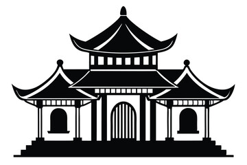 Silhouette of a Traditional Asian Pagoda with Multiple Tiers and Arched Entryway