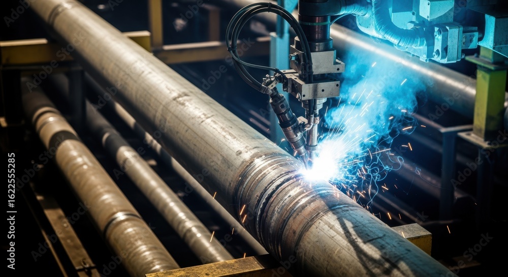 Aufkleber highangle view of automatic welding machine working on long pipeline weld seam.