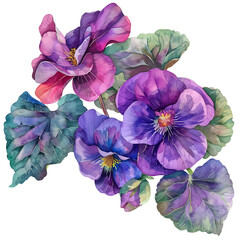 Watercolor Purple Pansies and Leaves Clipart on transparent background