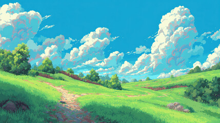 Pixel Meadow Path Under Summer Clouds