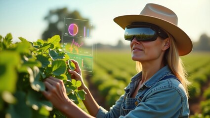 Una agricultora inspecciona la salud de sus cultivos con un casco de realidad aumentada y superpone datos en tiempo real de las plantas en un campo