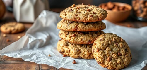 Rustic spelt and buckwheat cookies, stacked on baking paper, flour, crispy