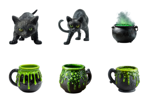Black cat with green eyes and cauldron mugs isolated on a transparent background
