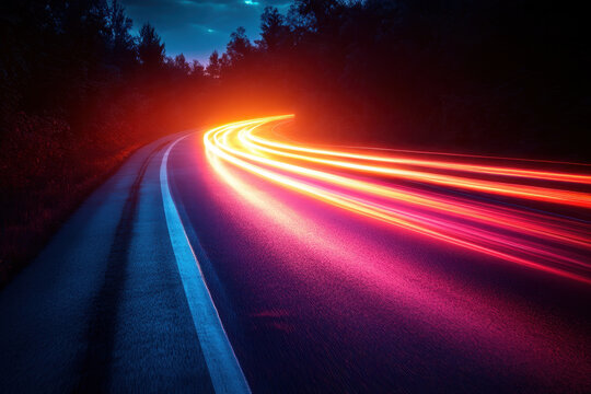 Light streaks on a road captured in long exposure.