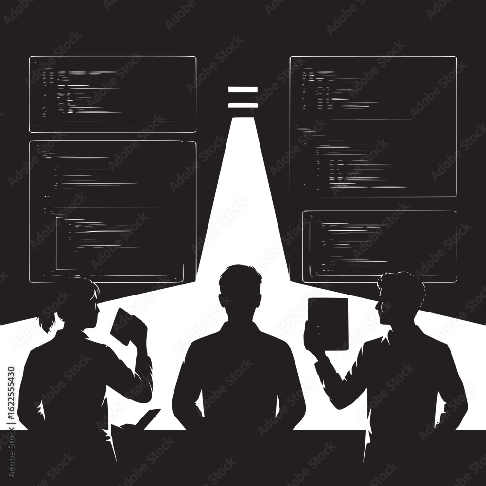 Poster silhouettes of people analyzing code on screens illuminated by light in a dark environment
