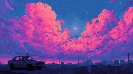 Retro Car Under Pink Sunset Clouds