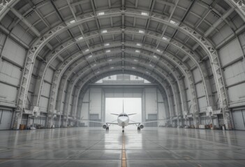 Enorme hangar de aviones blanco con suelo de hormigón liso, estructuras de soporte de metal y una suave niebla que se filtra desde las esquinas