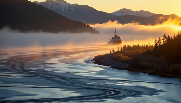 morning fog rising from alaska river during salmon spawning season with fishing boat in distance and golden light